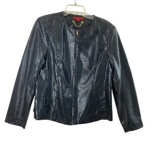 Womens Medium Black Faux Leather Croc Embossed Zipper Front Jacket Goth‎ Biker